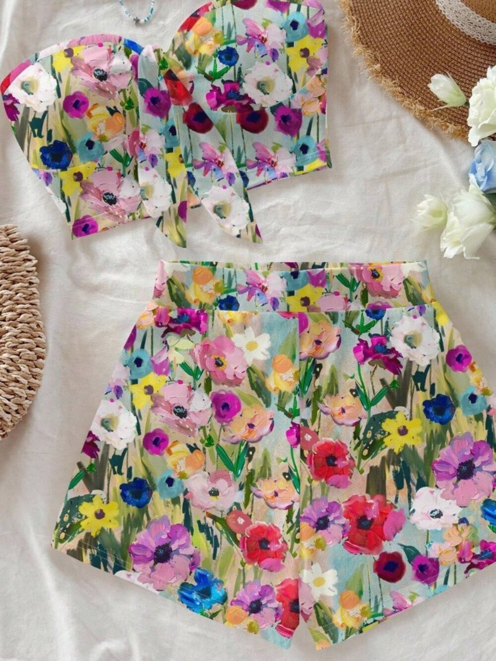 Multicolor Casual Women's Crop Bandeau & Shorts Set
